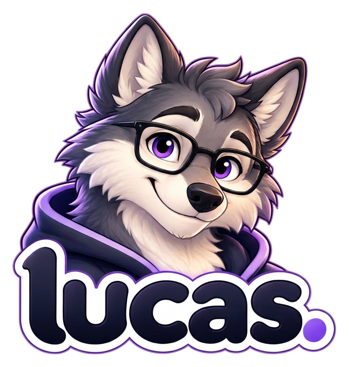 Lucas, a friendly wolf guide with glasses